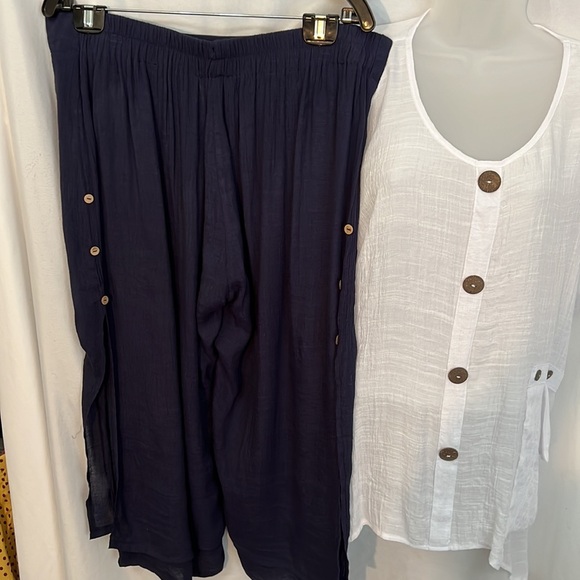 Picadilly Canada Womens Lightweight Summer White Shirt Navy Pant Set Size L - Picture 6 of 12